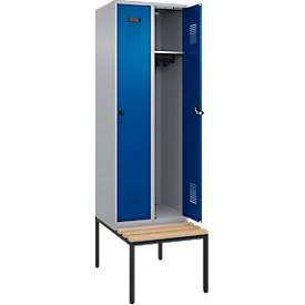 Kleiderspind C+P Evolo Plus, 2 Abteile mit je 300 mm Breite, Unterbau-Sitzbank, B 600 x T 815 x H 2120 mm, Drehriegel, weißaluminium/enzianblau