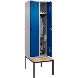 Kleiderspind C+P Evolo Plus, 2 Abteile mit je 300 mm Breite, Unterbau-Sitzbank, B 600 x T 815 x H 2120 mm, Drehriegel, weißaluminium/enzianblau