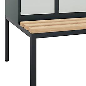 Kleiderspind C+P Evolo Plus, 2 Abteile mit je 300 mm Breite, Unterbau-Sitzbank, B 600 x T 815 x H 2120 mm, Zylinder, anthrazitgrau/lichtgrau
