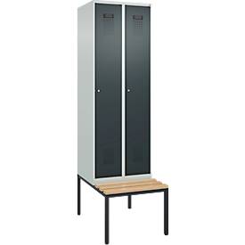 Kleiderspind C+P Evolo Plus, 2 Abteile mit je 300 mm Breite, Unterbau-Sitzbank, B 600 x T 815 x H 2120 mm, Zylinder, lichtgrau/anthrazitgrau