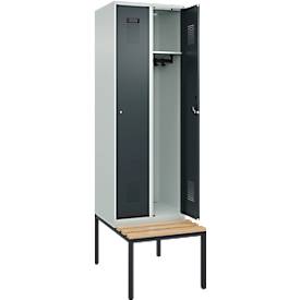 Kleiderspind C+P Evolo Plus, 2 Abteile mit je 300 mm Breite, Unterbau-Sitzbank, B 600 x T 815 x H 2120 mm, Zylinder, lichtgrau/anthrazitgrau
