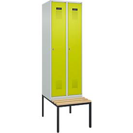 Kleiderspind C+P Evolo Plus, 2 Abteile mit je 300 mm Breite, Unterbau-Sitzbank, B 600 x T 815 x H 2120 mm, Zylinder, lichtgrau/clowngrün