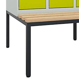 Kleiderspind C+P Evolo Plus, 2 Abteile mit je 300 mm Breite, Unterbau-Sitzbank, B 600 x T 815 x H 2120 mm, Zylinder, lichtgrau/clowngrün