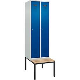 Kleiderspind C+P Evolo Plus, 2 Abteile mit je 300 mm Breite, Unterbau-Sitzbank, B 600 x T 815 x H 2120 mm, Zylinder, lichtgrau/enzianblau