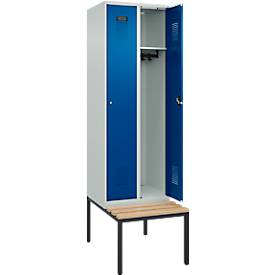 Kleiderspind C+P Evolo Plus, 2 Abteile mit je 300 mm Breite, Unterbau-Sitzbank, B 600 x T 815 x H 2120 mm, Zylinder, lichtgrau/enzianblau