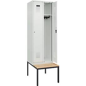 Kleiderspind C+P Evolo Plus, 2 Abteile mit je 300 mm Breite, Unterbau-Sitzbank, B 600 x T 815 x H 2120 mm, Zylinder, lichtgrau/lichtgrau