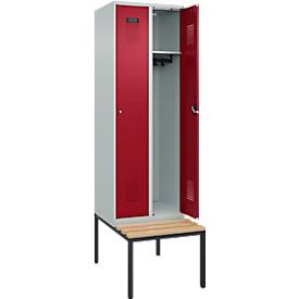 Kleiderspind C+P Evolo Plus, 2 Abteile mit je 300 mm Breite, Unterbau-Sitzbank, B 600 x T 815 x H 2120 mm, Zylinder, lichtgrau/rubinrot