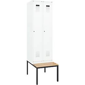 Kleiderspind C+P Evolo Plus, 2 Abteile mit je 300 mm Breite, Unterbau-Sitzbank, B 600 x T 815 x H 2120 mm, Zylinder, verkehrsweiß/verkehrsweiß