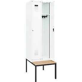 Kleiderspind C+P Evolo Plus, 2 Abteile mit je 300 mm Breite, Unterbau-Sitzbank, B 600 x T 815 x H 2120 mm, Zylinder, verkehrsweiß/verkehrsweiß