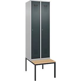 Kleiderspind C+P Evolo Plus, 2 Abteile mit je 300 mm Breite, Unterbau-Sitzbank, B 600 x T 815 x H 2120 mm, Zylinder, weißaluminium/anthrazitgrau