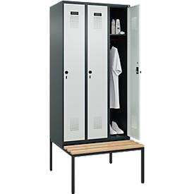 Kleiderspind C+P Evolo Plus, 3 Abteile, 300 mm Abteilbreite, mit untergebauter Sitzbank, B 900 x T 815 x H 2120 mm, Drehriegel, anthrazitgrau/lichtgrau