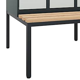 Kleiderspind C+P Evolo Plus, 3 Abteile, 300 mm Abteilbreite, mit untergebauter Sitzbank, B 900 x T 815 x H 2120 mm, Zylinder, anthrazitgrau/lichtgrau