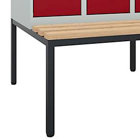 Kleiderspind C+P Evolo Plus, 3 Abteile, 300 mm Abteilbreite, mit untergebauter Sitzbank, B 900 x T 815 x H 2120 mm, Zylinder, lichtgrau/rubinrot