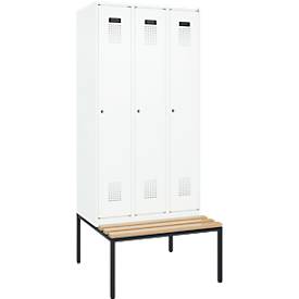 Kleiderspind C+P Evolo Plus, 3 Abteile, 300 mm Abteilbreite, mit untergebauter Sitzbank, B 900 x T 815 x H 2120 mm, Zylinder, verkehrsweiß/verkehrsweiß