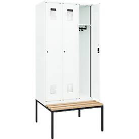 Kleiderspind C+P Evolo Plus, 3 Abteile, 300 mm Abteilbreite, mit untergebauter Sitzbank, B 900 x T 815 x H 2120 mm, Zylinder, verkehrsweiß/verkehrsweiß