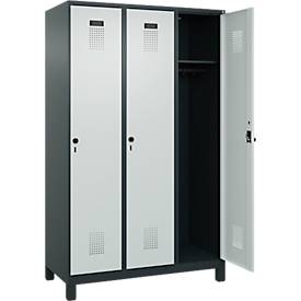 Kleiderspind C+P Evolo Plus, 3 Abteile, 400 mm Abteilbreite, mit Füßen, Anschlag rechts, B 1200 x T 500 x H 1950 mm, Drehriegel, anthrazitgrau/lichtgrau