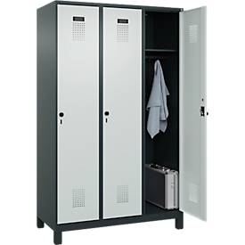 Kleiderspind C+P Evolo Plus, 3 Abteile, 400 mm Abteilbreite, mit Füßen, Anschlag rechts, B 1200 x T 500 x H 1950 mm, Drehriegel, anthrazitgrau/lichtgrau
