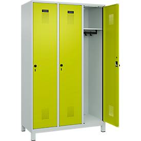 Kleiderspind C+P Evolo Plus, 3 Abteile, 400 mm Abteilbreite, mit Füßen, Anschlag rechts, B 1200 x T 500 x H 1950 mm, Drehriegel, lichtgrau/clowngrün