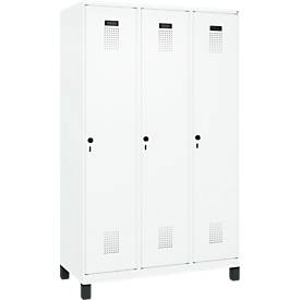 Kleiderspind C+P Evolo Plus, 3 Abteile, 400 mm Abteilbreite, mit Füßen, Anschlag rechts, B 1200 x T 500 x H 1950 mm, Drehriegel, verkehrsweiß/verkehrsweiß