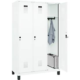 Kleiderspind C+P Evolo Plus, 3 Abteile, 400 mm Abteilbreite, mit Füßen, Anschlag rechts, B 1200 x T 500 x H 1950 mm, Drehriegel, verkehrsweiß/verkehrsweiß