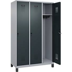Kleiderspind C+P Evolo Plus, 3 Abteile, 400 mm Abteilbreite, mit Füßen, Anschlag rechts, B 1200 x T 500 x H 1950 mm, Drehriegel, weißaluminium/anthrazitgrau