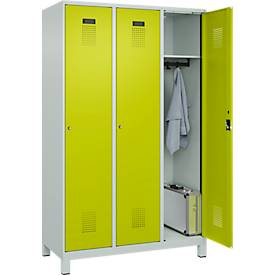 Kleiderspind C+P Evolo Plus, 3 Abteile, 400 mm Abteilbreite, mit Füßen, Anschlag rechts, B 1200 x T 500 x H 1950 mm, Zylinder, lichtgrau/clowngrün