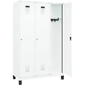 Kleiderspind C+P Evolo Plus, 3 Abteile, 400 mm Abteilbreite, mit Füßen, Anschlag rechts, B 1200 x T 500 x H 1950 mm, Zylinder, verkehrsweiß/verkehrsweiß