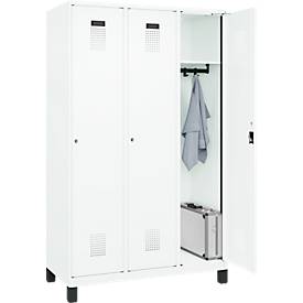Kleiderspind C+P Evolo Plus, 3 Abteile, 400 mm Abteilbreite, mit Füßen, Anschlag rechts, B 1200 x T 500 x H 1950 mm, Zylinder, verkehrsweiß/verkehrsweiß