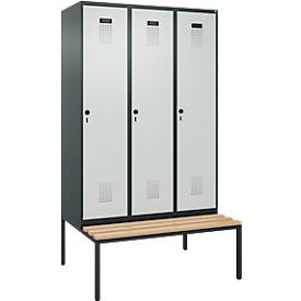 Kleiderspind C+P Evolo Plus, 3 Abteile, 400 mm Abteilbreite, mit untergebauter Sitzbank, B 1200 x T 815 x H 2120 mm, Drehriegel, anthrazitgrau/lichtgrau