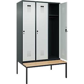Kleiderspind C+P Evolo Plus, 3 Abteile, 400 mm Abteilbreite, mit untergebauter Sitzbank, B 1200 x T 815 x H 2120 mm, Drehriegel, anthrazitgrau/lichtgrau