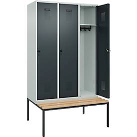 Kleiderspind C+P Evolo Plus, 3 Abteile, 400 mm Abteilbreite, mit untergebauter Sitzbank, B 1200 x T 815 x H 2120 mm, Drehriegel, lichtgrau/anthrazitgrau