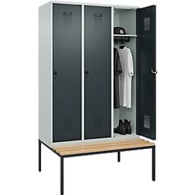 Kleiderspind C+P Evolo Plus, 3 Abteile, 400 mm Abteilbreite, mit untergebauter Sitzbank, B 1200 x T 815 x H 2120 mm, Drehriegel, lichtgrau/anthrazitgrau