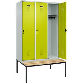Kleiderspind C+P Evolo Plus, 3 Abteile, 400 mm Abteilbreite, mit untergebauter Sitzbank, B 1200 x T 815 x H 2120 mm, Drehriegel, lichtgrau/clowngrün