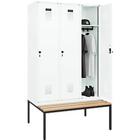 Kleiderspind C+P Evolo Plus, 3 Abteile, 400 mm Abteilbreite, mit untergebauter Sitzbank, B 1200 x T 815 x H 2120 mm, Drehriegel, verkehrsweiß/verkehrsweiß
