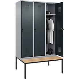 Kleiderspind C+P Evolo Plus, 3 Abteile, 400 mm Abteilbreite, mit untergebauter Sitzbank, B 1200 x T 815 x H 2120 mm, Drehriegel, weißaluminium/anthrazitgrau