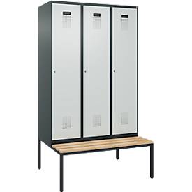 Kleiderspind C+P Evolo Plus, 3 Abteile, 400 mm Abteilbreite, mit untergebauter Sitzbank, B 1200 x T 815 x H 2120 mm, Zylinder, anthrazitgrau/lichtgrau