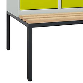 Kleiderspind C+P Evolo Plus, 3 Abteile, 400 mm Abteilbreite, mit untergebauter Sitzbank, B 1200 x T 815 x H 2120 mm, Zylinder, lichtgrau/clowngrün