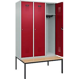 Kleiderspind C+P Evolo Plus, 3 Abteile, 400 mm Abteilbreite, mit untergebauter Sitzbank, B 1200 x T 815 x H 2120 mm, Zylinder, lichtgrau/rubinrot