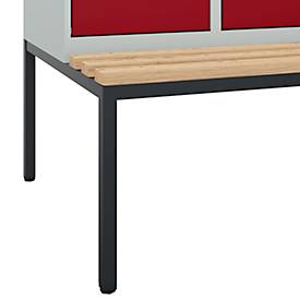 Kleiderspind C+P Evolo Plus, 3 Abteile, 400 mm Abteilbreite, mit untergebauter Sitzbank, B 1200 x T 815 x H 2120 mm, Zylinder, lichtgrau/rubinrot