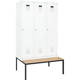Kleiderspind C+P Evolo Plus, 3 Abteile, 400 mm Abteilbreite, mit untergebauter Sitzbank, B 1200 x T 815 x H 2120 mm, Zylinder, verkehrsweiß/verkehrsweiß