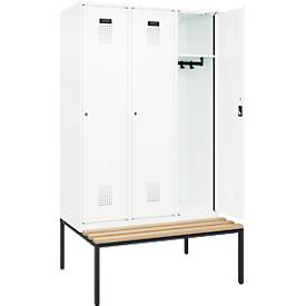 Kleiderspind C+P Evolo Plus, 3 Abteile, 400 mm Abteilbreite, mit untergebauter Sitzbank, B 1200 x T 815 x H 2120 mm, Zylinder, verkehrsweiß/verkehrsweiß