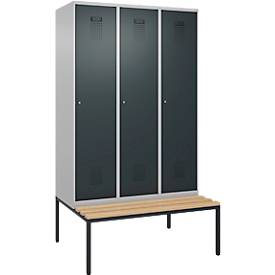 Kleiderspind C+P Evolo Plus, 3 Abteile, 400 mm Abteilbreite, mit untergebauter Sitzbank, B 1200 x T 815 x H 2120 mm, Zylinder, weißaluminium/anthrazitgrau