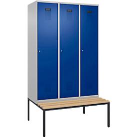 Kleiderspind C+P Evolo Plus, 3 Abteile, 400 mm Abteilbreite, mit untergebauter Sitzbank, B 1200 x T 815 x H 2120 mm, Zylinder, weißaluminium/enzianblau