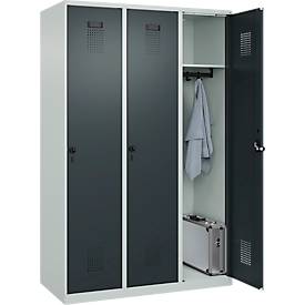 Kleiderspind C+P Evolo Plus, 3 Abteile, 400 mm breit, Drehriegel, Soft-Anschlag, B 1.200 x T 500 x H 1.850 m, lichtgrau/anthrazitgrau