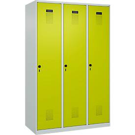 Kleiderspind C+P Evolo Plus, 3 Abteile, 400 mm breit, Drehriegel, Soft-Anschlag, B 1.200 x T 500 x H 1.850 m, lichtgrau/clowngrün