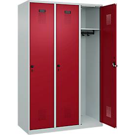 Kleiderspind C+P Evolo Plus, 3 Abteile, 400 mm breit, Drehriegel, Soft-Anschlag, B 1.200 x T 500 x H 1.850 m, lichtgrau/rubinrot