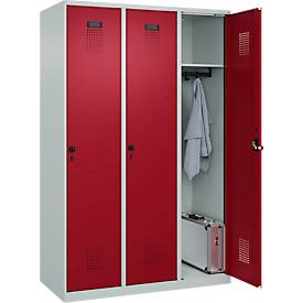 Kleiderspind C+P Evolo Plus, 3 Abteile, 400 mm breit, Drehriegel, Soft-Anschlag, B 1.200 x T 500 x H 1.850 m, lichtgrau/rubinrot