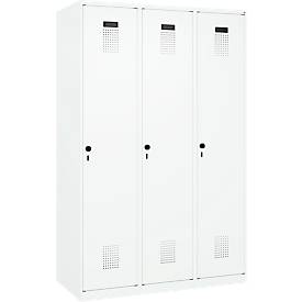 Kleiderspind C+P Evolo Plus, 3 Abteile, 400 mm breit, Drehriegel, Soft-Anschlag, B 1.200 x T 500 x H 1.850 m, verkehrsweiß/verkehrsweiß