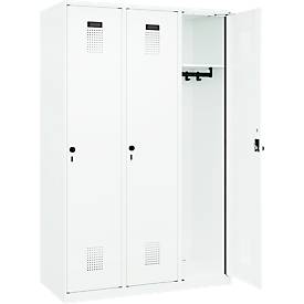 Kleiderspind C+P Evolo Plus, 3 Abteile, 400 mm breit, Drehriegel, Soft-Anschlag, B 1.200 x T 500 x H 1.850 m, verkehrsweiß/verkehrsweiß