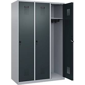 Kleiderspind C+P Evolo Plus, 3 Abteile, 400 mm breit, Drehriegel, Soft-Anschlag, B 1.200 x T 500 x H 1.850 m, weißaluminium/anthrazitgrau